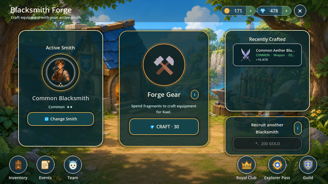 Blacksmith Forge screen with crafting and upgrade info buttons